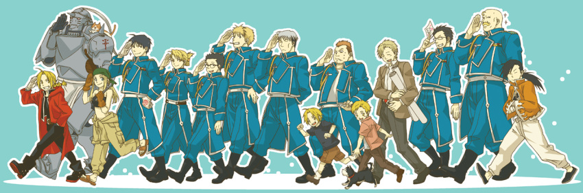 6+boys alex_louis_armstrong alphonse_elric alphonse_heiderich armor black_hayate cat conqueror_of_shambala dog dual_persona edward_elric flamel_symbol fullmetal_alchemist gloves heymans_breda jean_havoc kain_fuery ling_yao long_image maes_hughes mattsu military military_uniform multiple_boys multiple_girls pants riza_hawkeye salute uniform vato_falman wide_image winry_rockbell