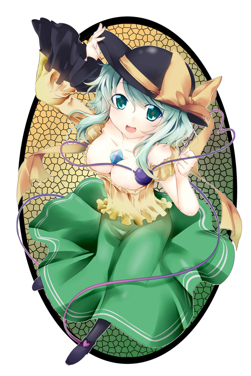 adapted_costume adult arm_up asymmetrical_clothes blush breasts cleavage dress green_eyes hand_on_hat hat hat_ribbon highres komeiji_koishi large_breasts long_sleeves open_mouth ribbon sesield shirt silver_hair skirt smile solo third_eye touhou wide_sleeves