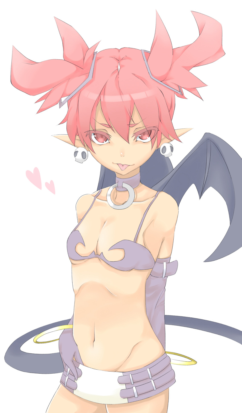 :p bad_id bare_shoulders bat_wings bikini_top collar demon_girl disgaea earrings elbow_gloves etna flat_chest gloves heart highres jewelry looking_at_viewer microskirt navel pink_eyes pink_hair pointy_ears short_hair solo tail tongue tsunotsuki_(uguisu_maccha) twintails wings