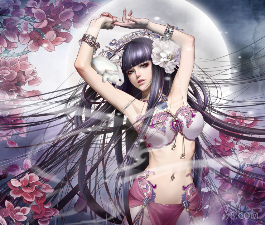 armpits arms_up bracelet bunny chang'e chang'e flower hair_flower hair_ornament highres jewelry journey_to_the_west lips long_hair moon moon_rabbit necklace qq_xi_you rabbit realistic solo standing very_long_hair watermark zhang_xiaobai