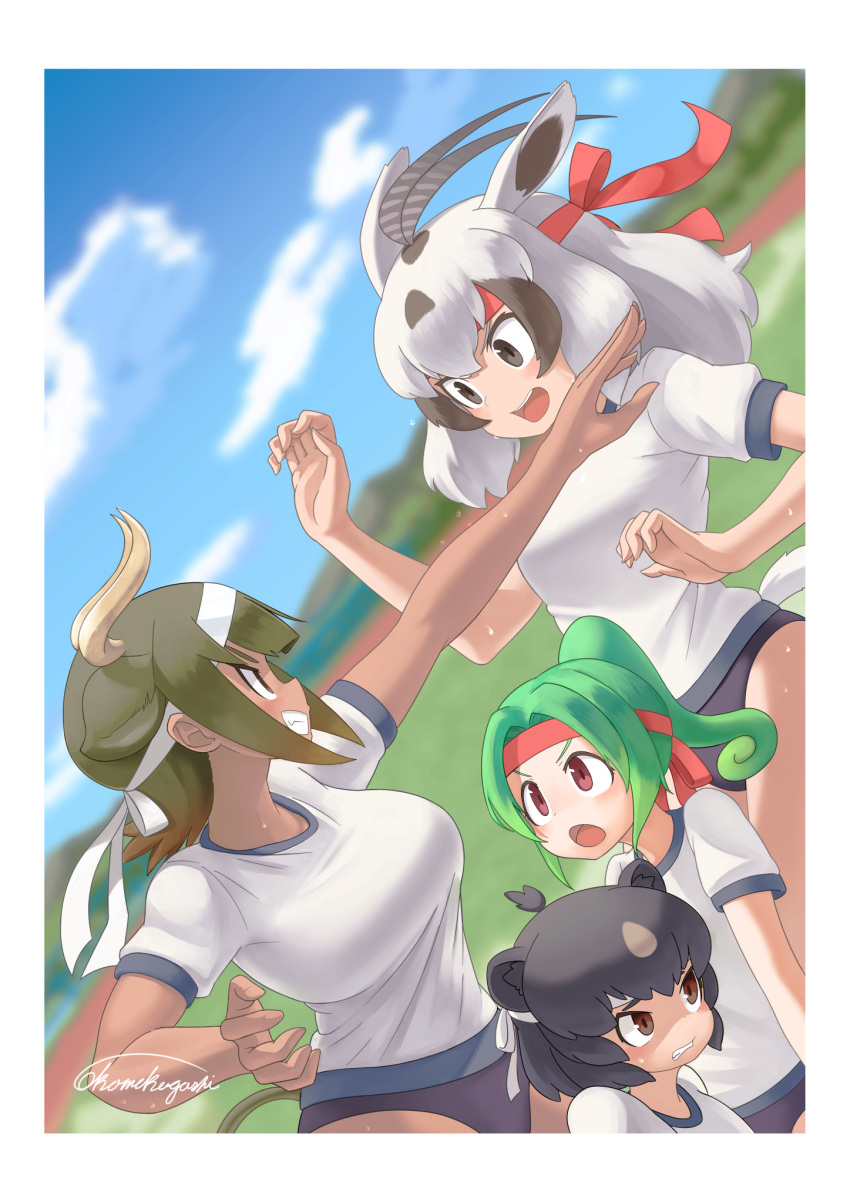 4girls :d alternate_costume animal_ears antenna_hair arabian_oryx_(kemono_friends) aurochs_(kemono_friends) bangs bare_arms bear_ears black_eyes blurry blurry_background border brown_eyes brown_hair buruma carrying clenched_teeth commentary_request cow_ears cow_girl cow_horns cow_tail curled_horns curly_hair dark-skinned_female dark_skin dutch_angle extra_ears furrowed_brow gazelle_ears green_hair grin hachimaki headband high_ponytail highres horns japanese_black_bear_(kemono_friends) kemono_friends long_hair looking_at_another looking_up medium_hair multicolored_hair multiple_girls okome_kogashi open_mouth outstretched_arm panther_chameleon_(kemono_friends) red_eyes shaded_face shirt short_sleeves signature smile sportswear sweat tail taut_clothes taut_shirt teeth two-tone_hair v-shaped_eyebrows white_border white_hair