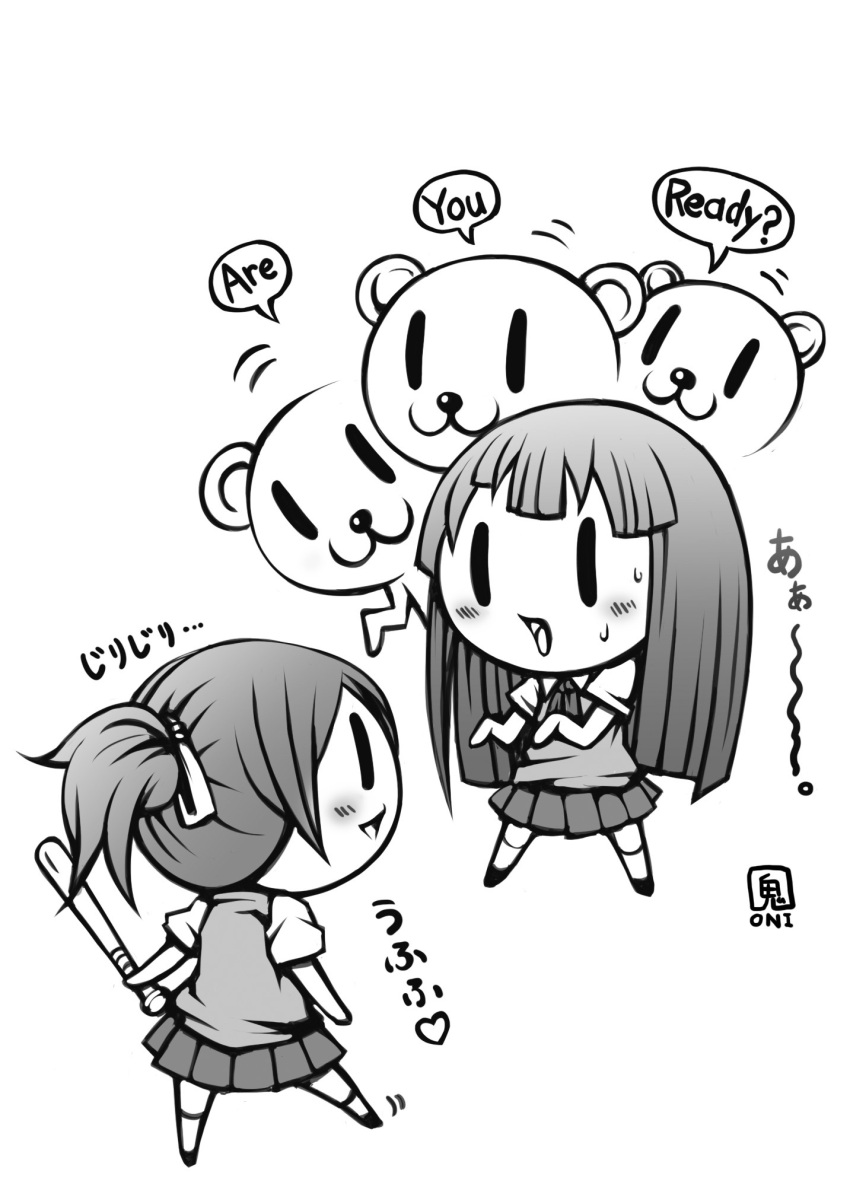 akiyama_mio baseball_bat bear chibi greyscale heart highres hirasawa_ui k-on! long_hair monochrome multiple_girls onigawara ponytail school_uniform short_hair simple_background white_background