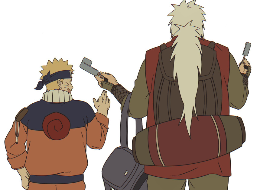 2boys blonde_hair commentary_request douchi_xo flak_jacket food forehead_protector highres ice_cream jacket jiraiya_(naruto) korean_commentary male_focus multiple_boys naruto_(series) orange_jacket orange_pants pants spiky_hair uzumaki_naruto white_hair