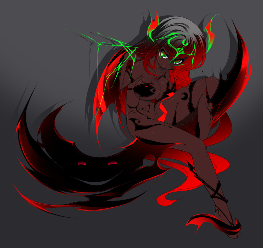 1girl arm_up blade breasts character_request copyright_request crescent dark_skin demon_girl evil_grin evil_smile gradient_hair green_eyes grey_background grin hand_in_hair hooves katami_shinta leg_up looking_at_viewer multicolored_eyes multicolored_hair parted_lips sitting smile solo source_request