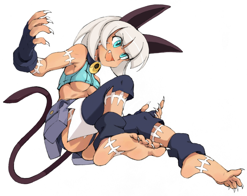 animal_ears bare_shoulders barefoot blue_eyes breasts cat_ears cat_tail choker claws collar dark_skin fang feet fingerless_gloves fingernails gloves highres jumping leg_warmers long_fingernails long_toenails nadia_fortune nail_polish oyatsu_(mk2) pouches scar simple_background skullgirls soles solo tail toenails toes under_boob underboob white_background white_hair