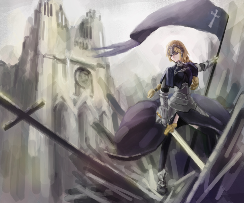 armor armored_dress blonde_hair braid church dress fate/apocrypha fate/zero fate_(series) flag forminori gauntlets headpiece highres jeanne_d'arc_(fate/apocrypha) jeanne_d'arc_(fate/apocrypha) long_hair purple_eyes ruler_(fate/apocrypha) single_braid solo sword thigh-highs thighhighs violet_eyes weapon