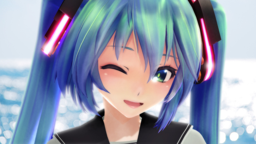 3d absurdres aqua_eyes blush face hatsune_miku highres long_hair looking_at_viewer mikumikudance open_mouth portrait solo twintails vocaloid vocaloid_(tda-type_ver) wink yunagi_(ektyr_y)