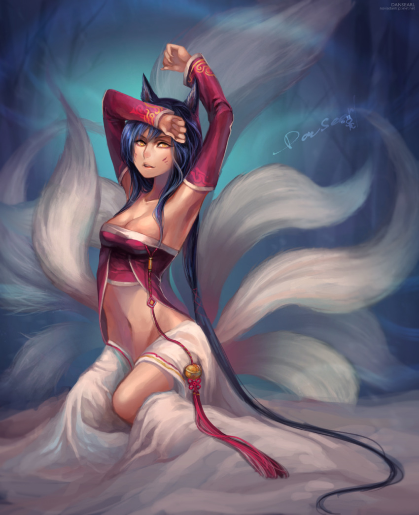 ahri animal_ears armpits arms_up black_hair breasts cleavage dansearl facial_mark fingernails fox_ears highres league_of_legends long_hair looking_at_viewer multiple_tails navel open_mouth sharp_fingernails sharp_nails sitting solo tail very_long_hair yellow_eyes yokozuwari