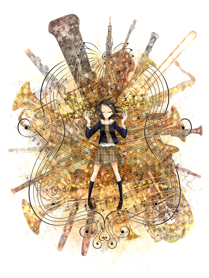 1girl absurdres artist_request bad_id bassoon black_hair cello clarinet closed_eyes copyright_request dress_shirt eyes_closed flute french_horn highres instrument musical_note oboe saxophone shirt trombone trumpet tuba