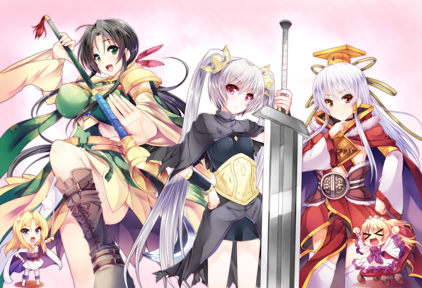 anger_vein black_hair blonde_hair blue_eyes boots breasts cape chair character_request chibi closed_eyes enshou_(sangoku_hime) eyes_closed glaive goban green_eyes hair_ornament halberd hat highres kan'u_unchou_(sangoku_hime) multiple_girls open_mouth polearm red_eyes sangoku_hime smile sousou_(sangoku_hime) sword twintails weapon white_hair