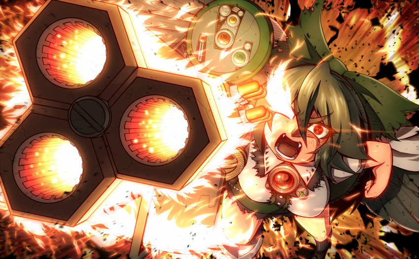 alternate_weapon arm_cannon black_hair black_wings bow breasts fangs flame hair_bow highres long_hair open_mouth radiation_symbol red_eyes reiuji_utsuho solo third_eye tora_(trampjing) touhou weapon wings