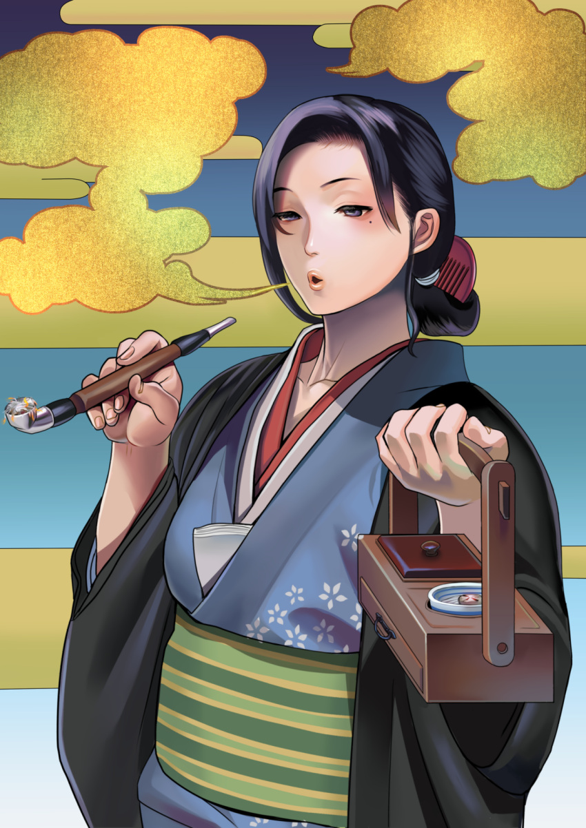 1girl bangs black_eyes black_hair blush box breasts collarbone comb gesogeso half-closed_eyes highres holding holding_pipe holding_tray japanese_clothes kimono long_hair mole mole_under_eye open_mouth original parted_bangs parted_lips pipe sash smoke smoking solo tied_hair tray