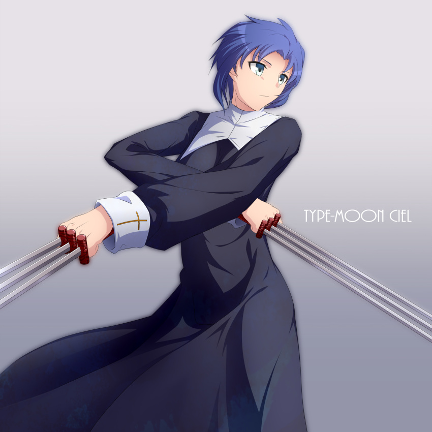 absurdres black_keys blue_hair ciel highres kokutou melty_blood solo sword tsukihime weapon