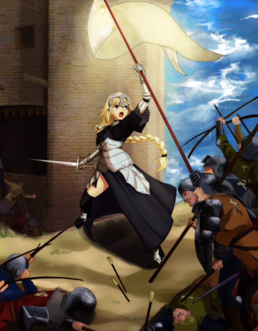 absurdres armor armored_dress army arrow battle blonde_hair blue_eyes bow_(weapon) braid castle cross dress facial_hair fate/apocrypha fate/zero fate_(series) flag gauntlets headpiece helmet highres jeanne_d'arc_(fate/apocrypha) jeanne_d'arc_(fate/apocrypha) long_hair mustache planted_arrow purple_eyes ruler_(fate/apocrypha) single_braid sword thigh-highs thighhighs violet_eyes war weapon zhou_siwei