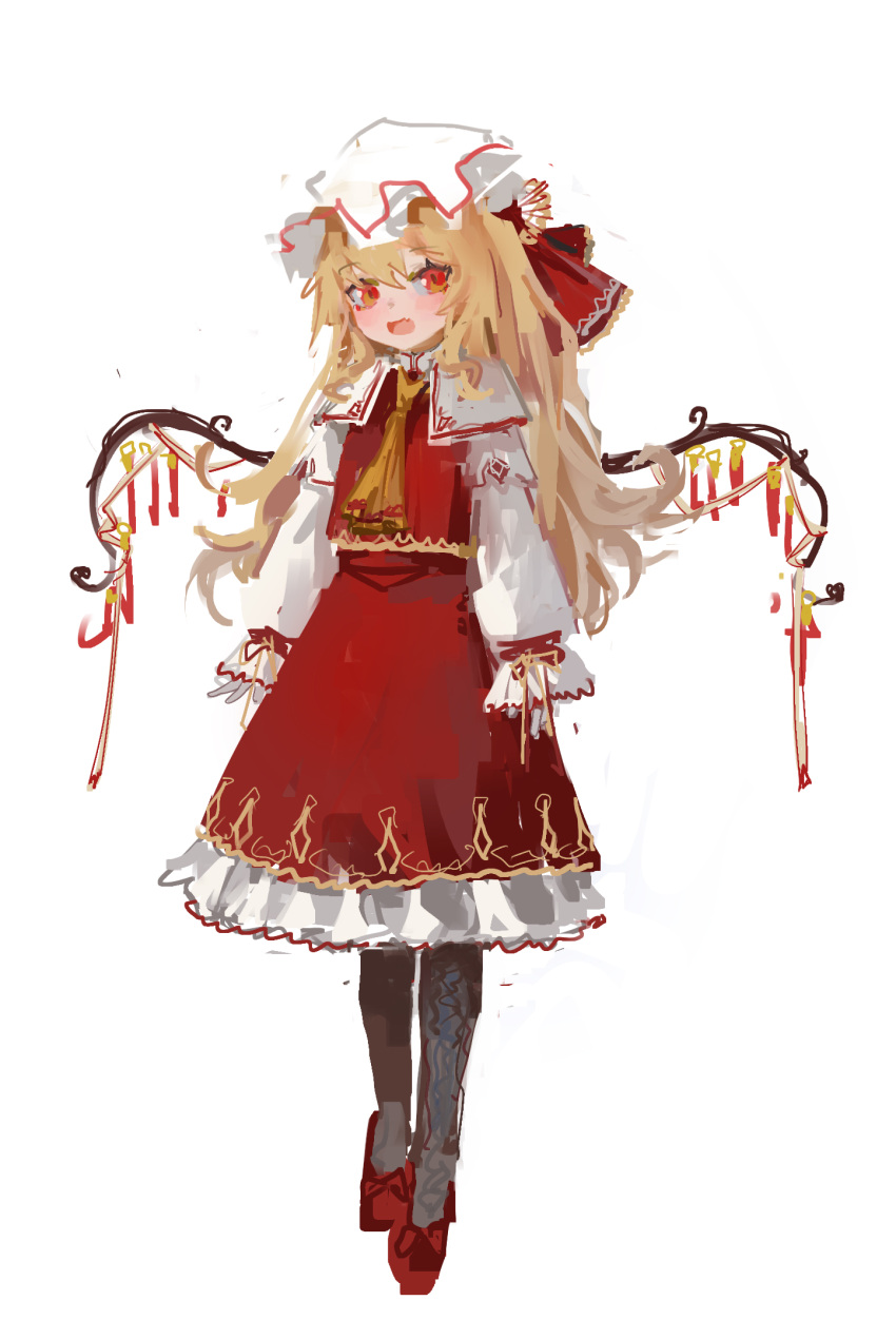 1girl :d adapted_costume alternate_costume blonde_hair blush capelet curly_hair dress fang flandre_scarlet frilled_dress frilled_sleeves frills full_body gold_trim hair_ribbon hat highres layered_dress long_sleeves looking_at_viewer mob_cap necktie pantyhose red_dress red_eyes red_footwear red_ribbon red_vest reddizen ribbon sidelocks simple_background sketch skin_fang sleeves_past_wrists slit_pupils smile solo standing touhou vest white_background white_headwear wings yellow_necktie