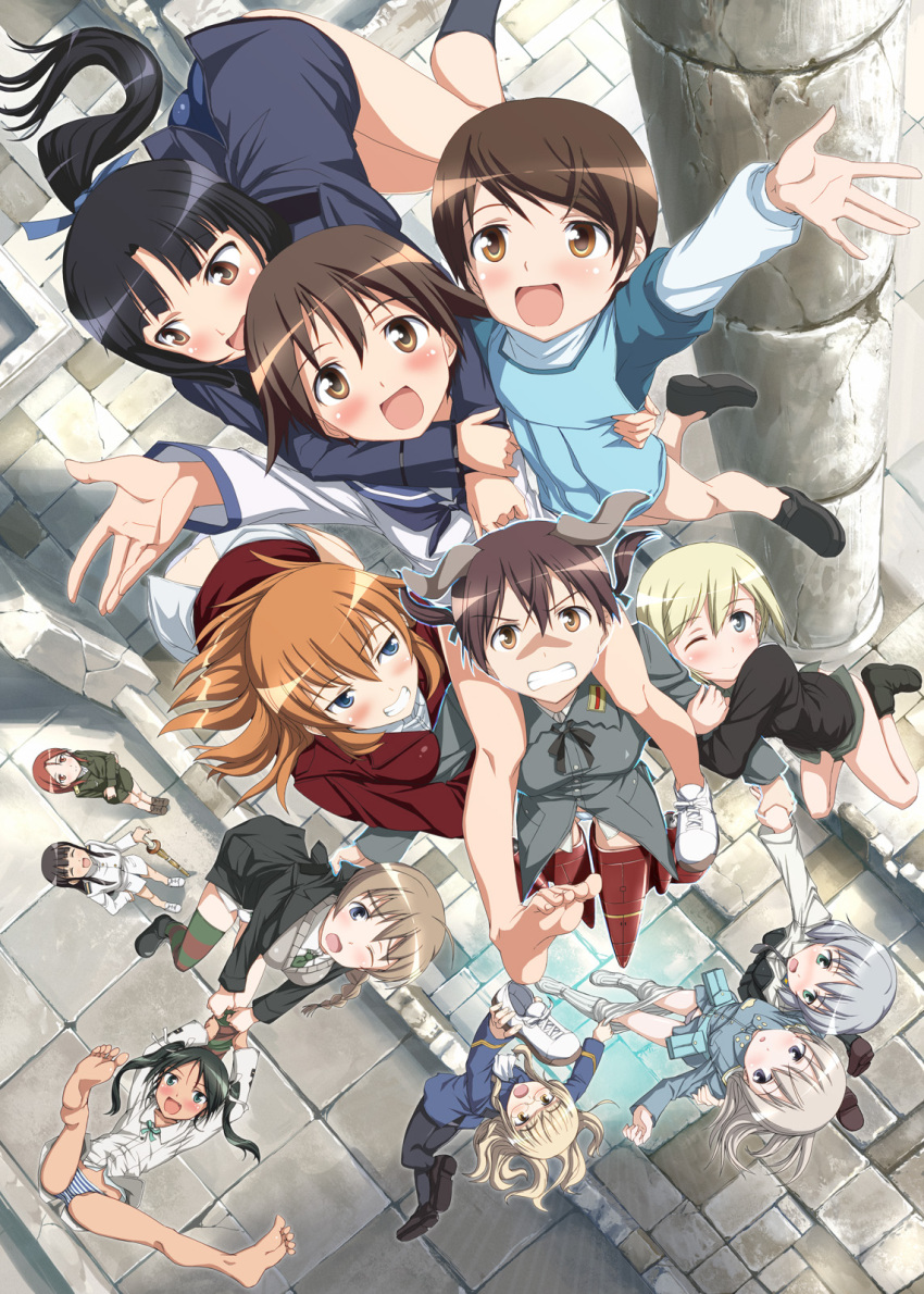 6+girls architecture bare_legs barefoot black_legwear blush carrying character_request charlotte_e_yeager christiane_barkhorn clenched_teeth column eila_ilmatar_juutilainen erica_hartmann everyone flying francesca_lucchini from_above gertrud_barkhorn grin hattori_shizuka hi-ho- highres holding hug jacket looking_at_viewer lynette_bishop military military_jacket military_uniform minna-dietlinde_wilcke miyafuji_yoshika multiple_girls no_pants open_mouth outstretched_arms panties pantyhose pantyhose_pull perrine_h_clostermann pillar ruins sakamoto_mio sanya_v_litvyak shoes shoulder_carry single_shoe smile spread_arms spread_legs strike_witches striker_unit thighhighs underwear uniform white_legwear wink