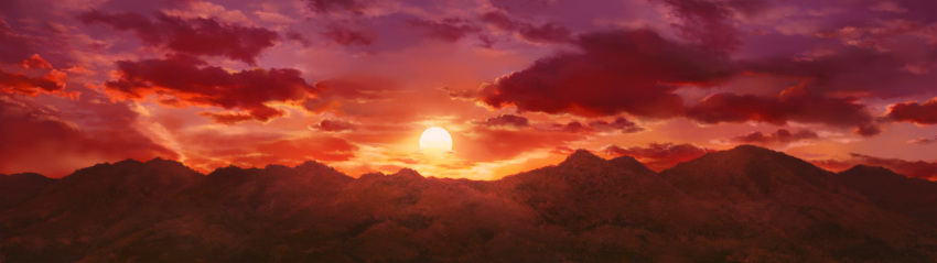 cloud clouds cura dusk game_cg highres landscape monobeno mountains no_humans scenery sky sun sunrise sunset