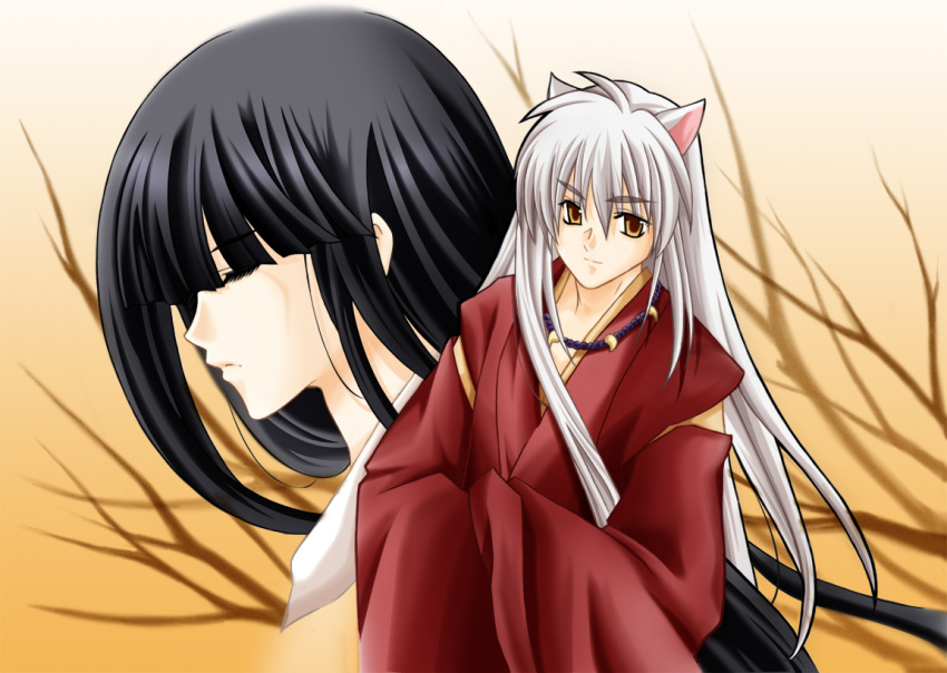 1boy 1girl animal_ears black_hair closed_eyes dog_ears inuyasha inuyasha_(character) japanese_clothes jewelry kikyou_(inuyasha) light_smile long_hair necklace profile setomi silver_hair wide_sleeves yellow_eyes