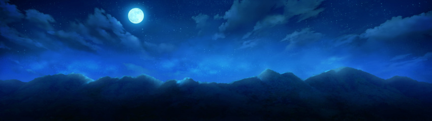 blue clouds cura full_moon game_cg highres landscape monobeno moon mountains night night_sky no_humans scenery star