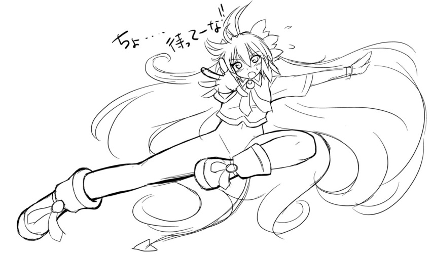 1girl absurdly_long_hair demon_tail gomamiso_sti looking_at_viewer miwajou monochrome open_mouth original outstretched_arms simple_background solo tail translation_request white_background