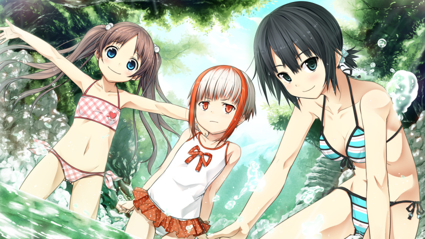 arishima_alice bikini black_eyes black_hair blue_eyes brown_hair casual_one-piece_swimsuit cura frilled_swimsuit frills game_cg highres looking_at_viewer monobeno multicolored_hair multiple_girls one-piece_swimsuit orange_eyes orange_hair outstretched_arms partially_submerged ponytail red_eyes river sawai_natsuha smile spread_arms sumi_(monobeno) swimsuit twintails two-tone_hair wallpaper water white_hair