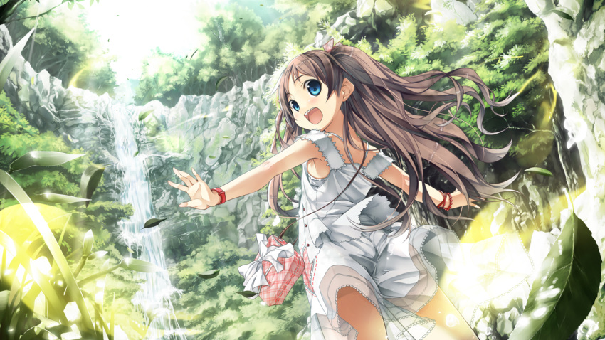 bag blue_eyes bracelet brown_hair cura dress game_cg hands happy jewelry leaf looking_back monobeno nature open_mouth outstretched_arms ribbon sawai_natsuha scenery smile spread_arms sunlight tree two_side_up wallpaper water waterfall
