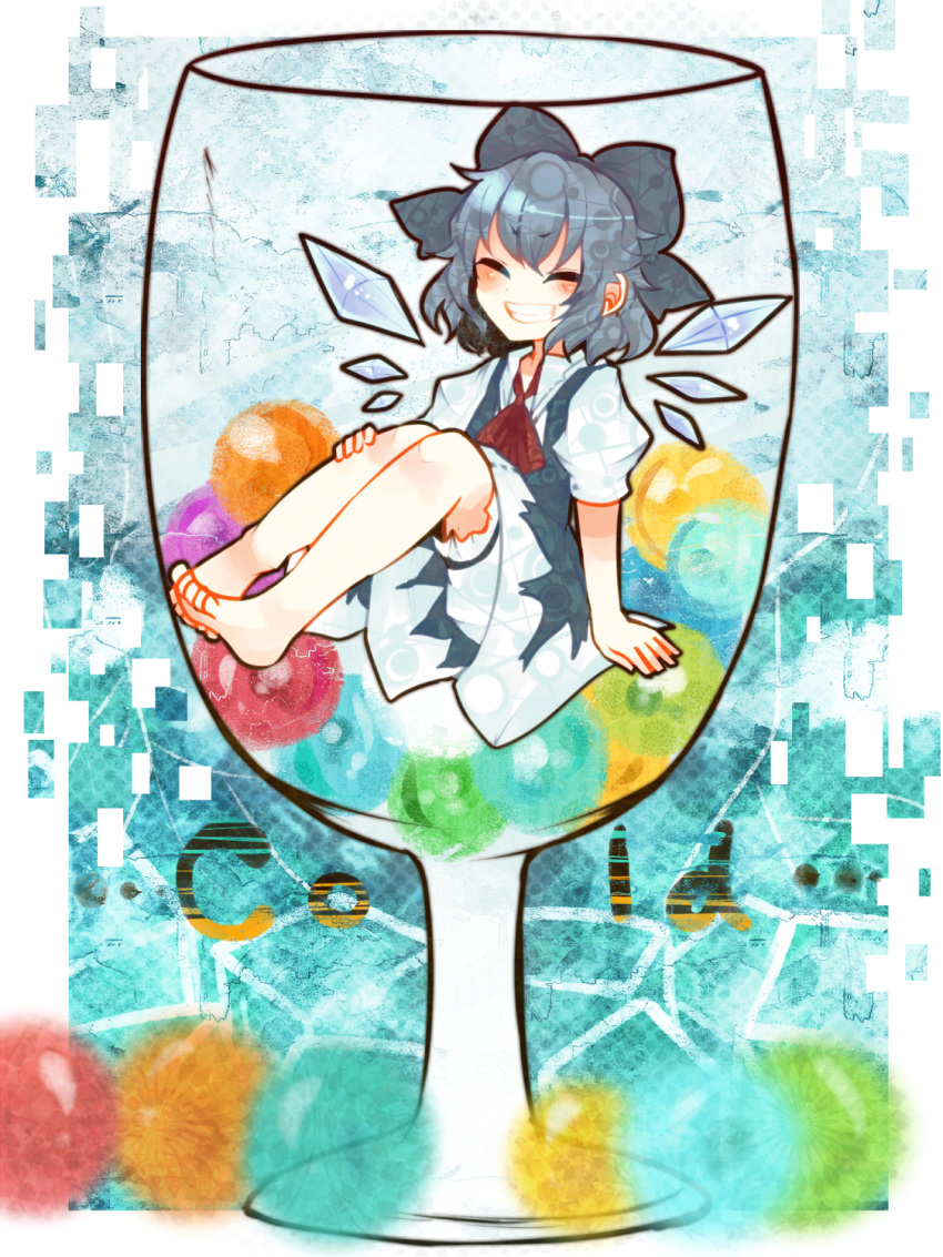 ascot bad_id barefoot bloomers blue_dress blue_hair blush bow cirno closed_eyes dress english eyes_closed glass grin hair_bow highres in_container ringetsumon short_hair smile solo touhou wings