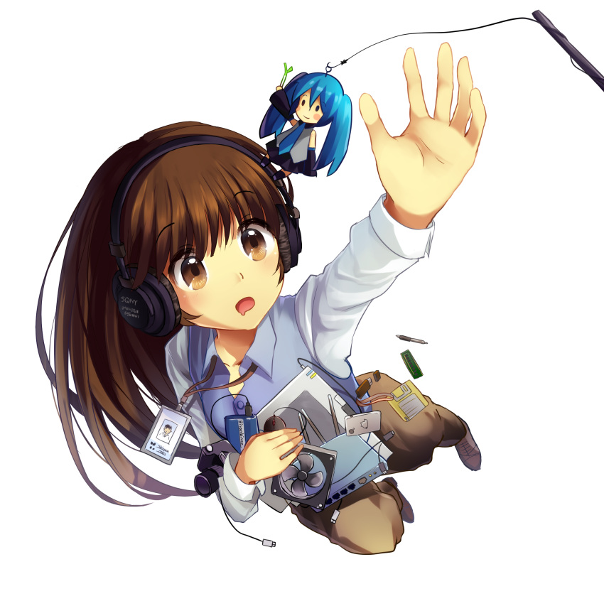 aqua_hair bisonbison blush brown_eyes brown_hair camera character_doll computer_mouse computer_router drooling fan hands hatsune_miku headphones highres long_hair necktie open_mouth original outstretched_hand pen simple_background skirt solo spring_onion transparent transparent_background twintails usb vocaloid