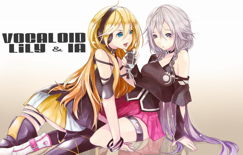 ahoge aqua_eyes bare_shoulders blonde_hair blue_eyes boots bracelet bracelets braid braids character_name choker headphones ia ia_(vocaloid) jewelry lily_(vocaloid) long_hair microphone multiple_girls nail_polish off_shoulder open_mouth pink_hair settyaro single_thighhigh thigh_boots thigh_strap thighhighs twin_braids very_long_hair vintage_microphone vocaloid white_hair