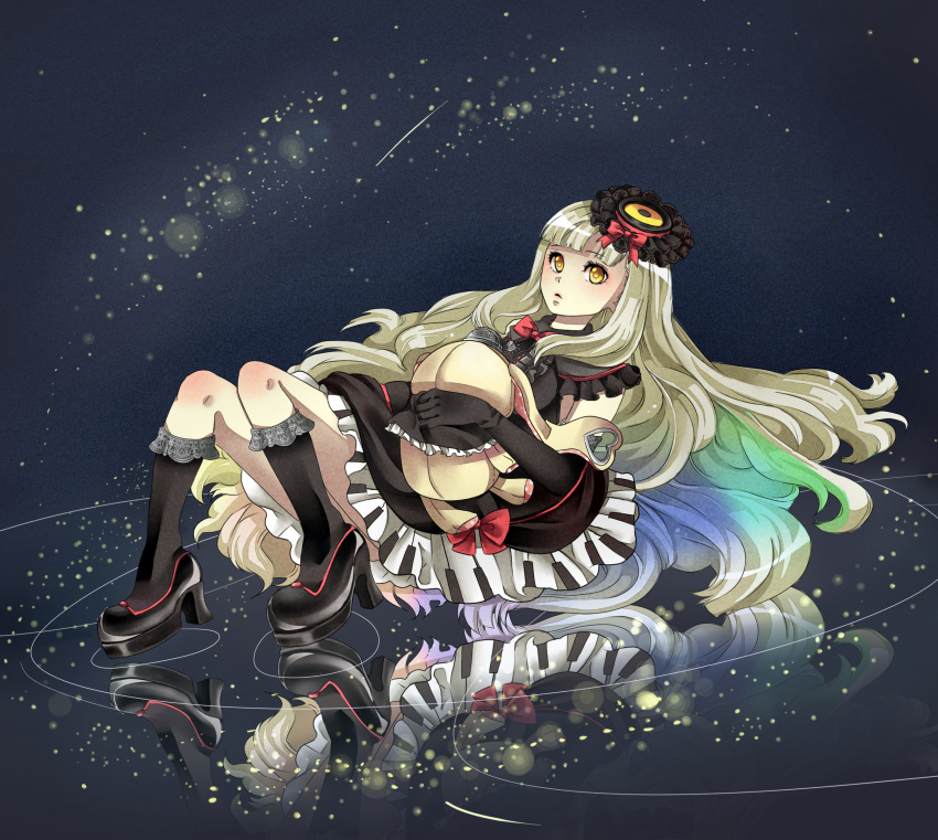 1girl black_legwear elbow_gloves gloves hair_ornament high_heels highres kazuyo kneehighs long_hair lying mayu_(vocaloid) multicolored_hair on_back reflection ripples shoes skirt solo vocaloid yellow_eyes