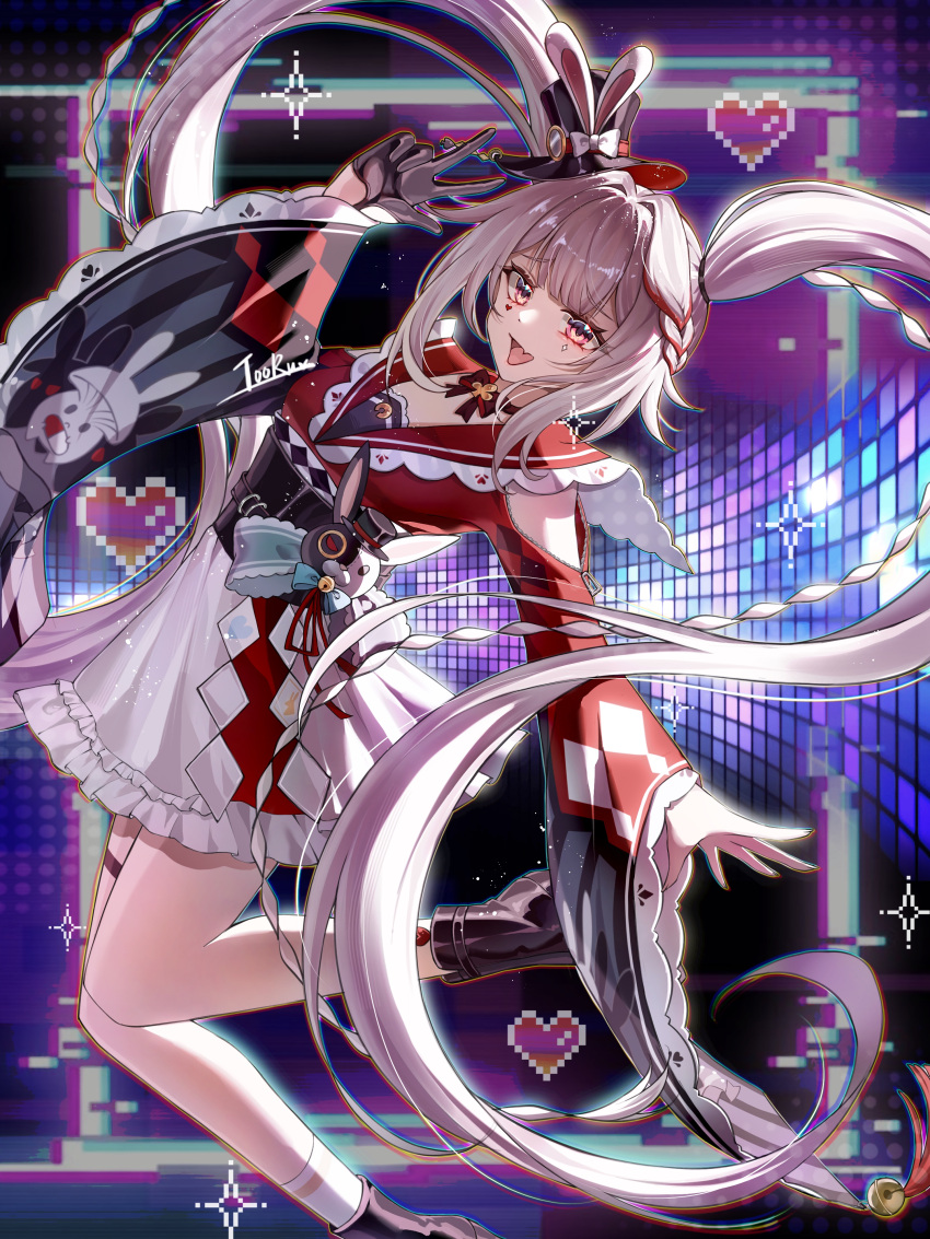 1girl absurdres belt black_belt black_boots black_gloves black_hat boots bow bow_choker braid choker clothing_cutout collar diamond_(shape) diamond_facial_mark facial_mark fang gloves hand_up hat hat_ornament head_back heart heart_emoji heart_facial_mark highres honkai:_star_rail honkai_(series) long_hair long_sleeves looking_at_viewer mark_under_both_eyes multicolored_hair open_mouth pink_eyes plaid_clothes plaid_sleeves rabbit_hat_ornament red_choker red_collar red_hair red_streaks shoulder_cutout single_glove single_sock skirt sleeve_bell socks solo sparkle_(honkai:_star_rail) sparxie_(honkai:_star_rail) streaked_hair thigh_strap tooruu twintails v white_hair white_skirt white_socks wide_sleeves