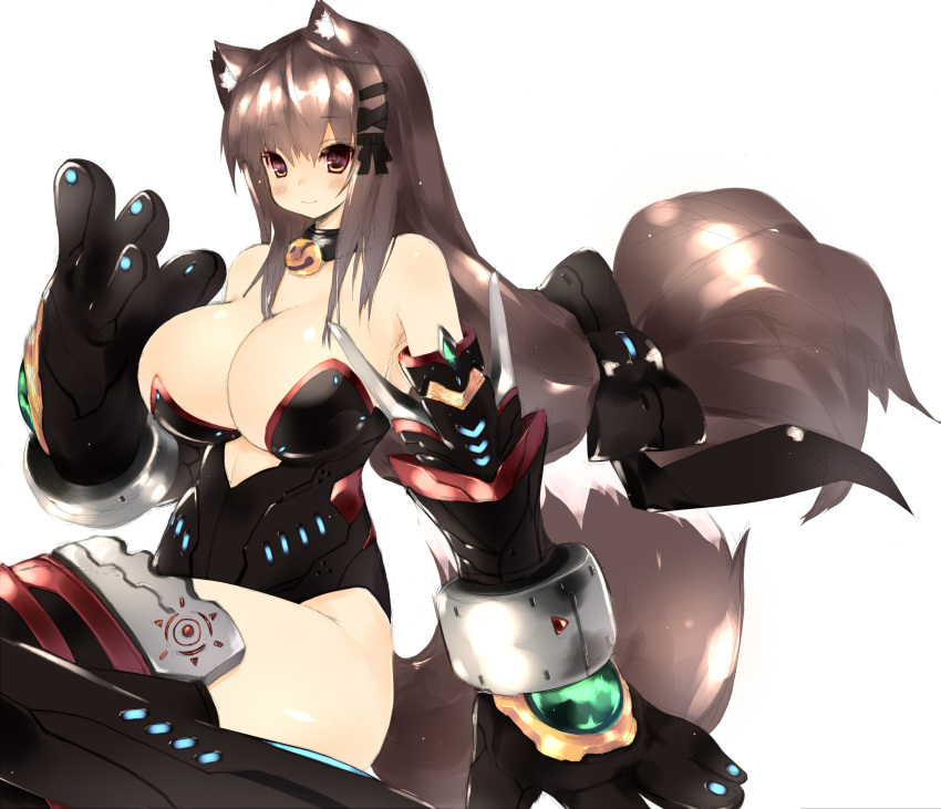 absurdres animal_ears bare_shoulders bell bell_collar bodysuit boots breasts brown_eyes brown_hair cleavage collar colored fox_ears fox_tail gauntlets hair_ornament hair_ribbon highres long_hair low-tied_long_hair original ribbon simple_background sketch smile solo tail thigh-highs thigh_boots thighhighs tsukimi_(pixiv) white_background