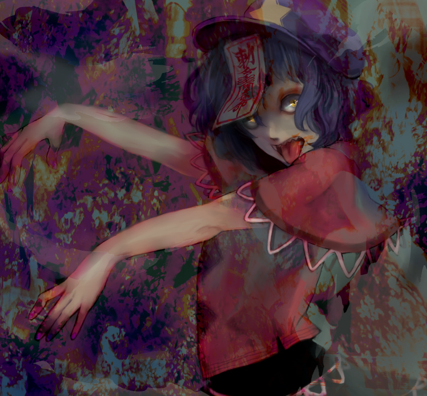 1girl blood blue_hair fangs hat highres meiji_(charisma_serve) miyako_yoshika ofuda open_mouth outstretched_arms short_hair solo tongue tongue_out touhou yellow_eyes zombie_pose