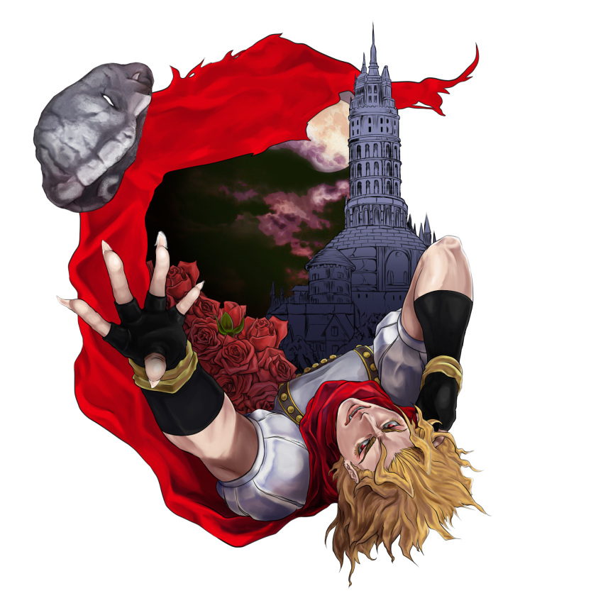 1boy asato_asato blonde_hair claws dio_brando flower from_above highres jojo_no_kimyou_na_bouken long_nails red_eyes red_rose red_scarf rose scarf solo stone_mask_(jojo)