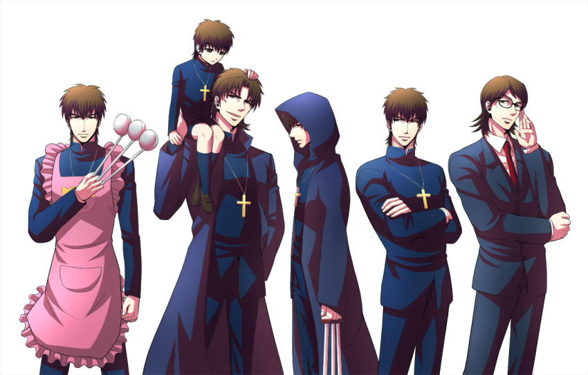 adult apron bespectacled between_fingers brown_eyes brown_hair cassock child cross cross_necklace crossover fate/stay_night fate/tiger_colloseum fate/tiger_colosseum fate/zero fate_(series) formal glasses hood jewelry kotomine_kirei long_coat long_hair male multiple_boys multiple_persona necklace necktie sanada_(pixiv) sanada_(teketo) sensha_otoko short_hair suit white_background young