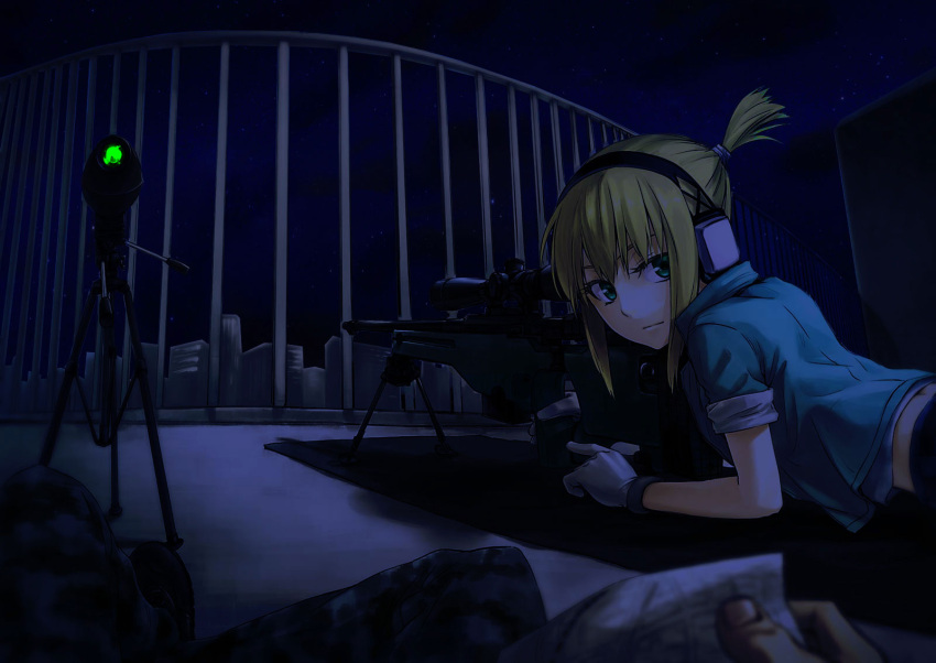artist_request awp blonde_hair ear_protection gloves gou_(double_trigger) green_eyes gun headphones highres iris_(material_sniper) jacket looking_at_viewer looking_back lying material_sniper night ponytail pov range_finder rifle scope shadow short_hair short_ponytail sleeves_rolled_up sniper_rifle weapon
