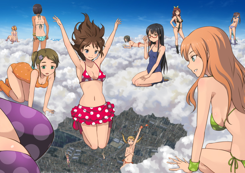 adjusting_swimsuit ass bent_over bet_over bikini black_hair blonde_hair blue_eyes book boots bracelet breasts brown_hair city cleavage cloud clouds covering falling floating flower glasses green_eyes hair_flower hair_ornament hair_ribbon hand_on_hip hashi highres hips jewelry landscape large_breasts long_hair lying mound_of_venus multiple_girls navel on_stomach one-piece_swimsuit open_mouth orange_hair original personification polka_dot polka_dot_bikini polka_dot_swimsuit quarterly_pixiv_9_rainy_season rain reading red-framed_glasses ribbon sarong short_hair side-tie_bikini side_ponytail sideboob sitting sky swimsuit tan tanline twintails umbrella wardrobe_malfunction water_drop wellingtons yellow_eyes