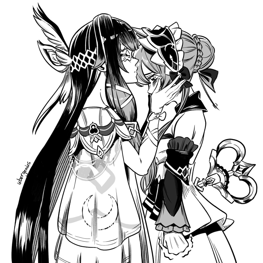 2girls bare_shoulders bonnet breasts closed_eyes closed_mouth columbina_(genshin_impact) commentary detached_collar detached_sleeves dress english_commentary eye_mask genshin_impact gloves hair_ornament hands_on_another's_cheeks hands_on_another's_face head_wings headdress highres kiss kissing_forehead long_hair long_sidelocks long_sleeves mask monochrome multiple_girls multiple_wings ribbon sandrone_(genshin_impact) see-through_clothes see-through_mask short_hair_with_long_locks sidelocks tears trembling ubergine very_long_hair winding_key wing_hair_ornament wings wrist_bow x-shaped_eyewear
