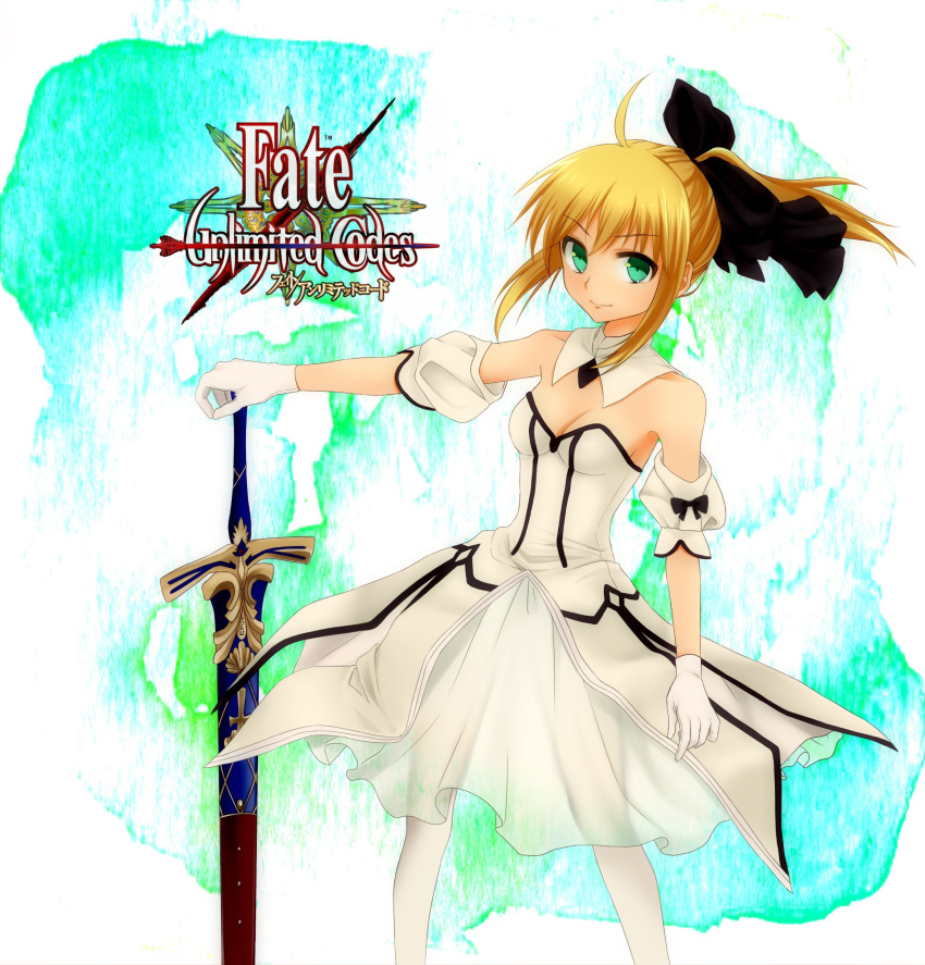 absurdres ahoge bare_shoulders blonde_hair bow caliburn detached_sleeves dress fate/stay_night fate/unlimited_codes fate_(series) fujimura_gomaten gloves green_eyes hair_bow hand_on_hilt highres logo long_hair pantyhose ponytail saber saber_lily sheath sheathed smile solo sword weapon white_gloves