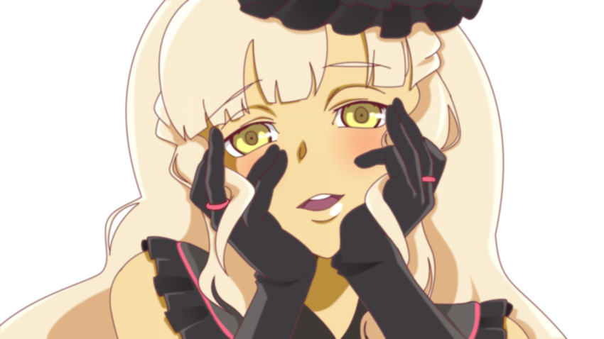 1girl blonde_hair face gloves gothic gothic_lolita hands_on_own_cheeks hands_on_own_face lolita_fashion long_hair mayu_(vocaloid) open_mouth parody portrait smile vocaloid yandere_trance yellow_eyes