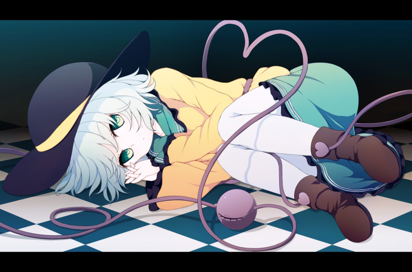 checkered checkered_floor dise fetal_position green_eyes hat hat_ribbon heart heart_of_string komeiji_koishi letterboxed looking_at_viewer lying on_ground on_side pantyhose ribbon shirt silver_hair skirt smile solo third_eye tile_floor tiles touhou white_legwear