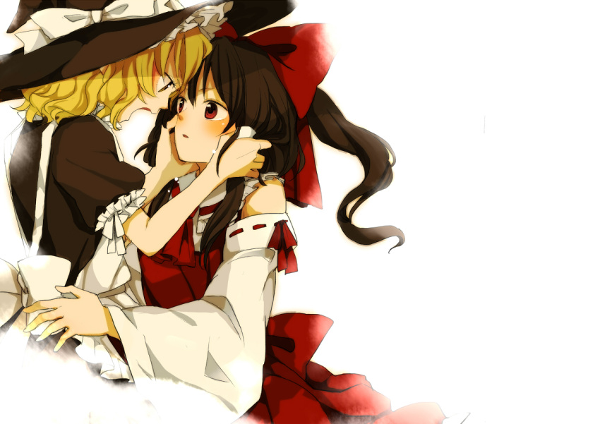akanonasu apron ascot black_dress blonde_hair blush bow brown_eyes brown_hair detached_sleeves dress face-to-face hair_bow hair_tubes hakurei_reimu hand_in_hair hand_on_another's_cheek hand_on_another's_cheek hat hat_ribbon kirisame_marisa miko multiple_girls open_mouth ponytail red_dress ribbon touhou witch witch_hat yellow_eyes