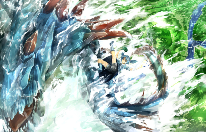 arms_up blue_dress blue_eyes blue_hair boots border_of_season cloud clouds dragon dress eastern_dragon flying forest grin hair_bobbles hair_ornament hat hat_removed headwear_removed holding holding_hat kawashiro_nitori legs_up looking_at_another nature open_mouth river sharp_teeth short_hair short_sleeves shorts smile solo teeth touhou twintails