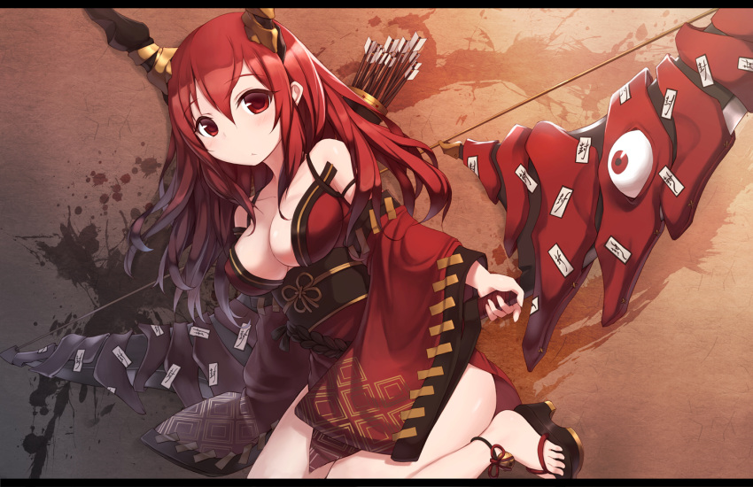 arrow blush bow_(weapon) breasts cleavage eyeball highres horns huge_bow huge_weapon japanese_clothes kimono letterboxed long_hair long_sleeves looking_at_viewer obi off_shoulder ofuda original red_eyes red_hair redhead sash solo weapon wide_sleeves zenn
