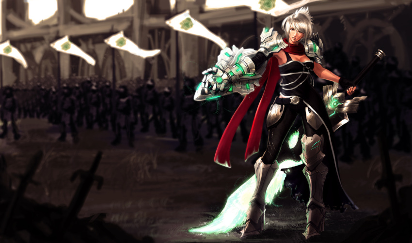 1girl alternate_costume armor breasts chain chains cleavage edward_montenegro energy fingerless_gloves gauntlets gloves glowing greaves highres league_of_legends leg_armor looking_at_viewer pauldrons riven riven_(league_of_legends) scarf short_hair silver_hair solo sword weapon