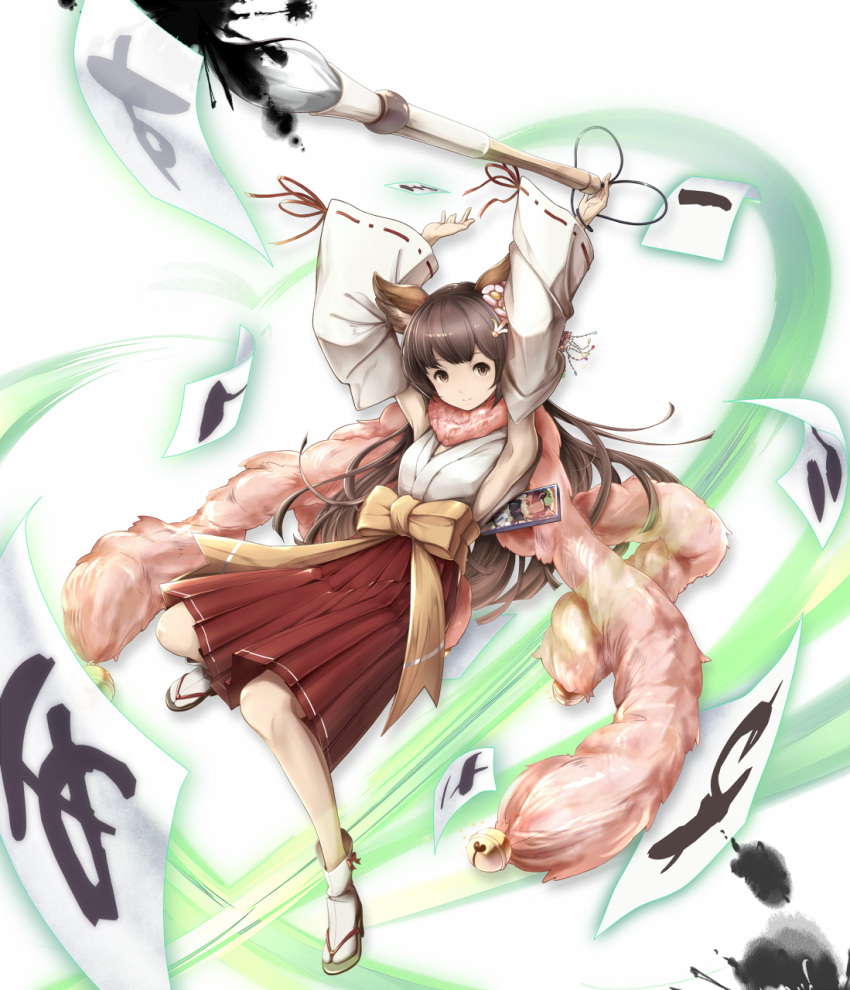 1girl amage_kanade animal_ears armpits arms_up aster_(granblue_fantasy) bell brown_eyes brown_hair calligraphy_brush character_request detached_sleeves fox_ears granblue_fantasy hakama highres holding japanese_clothes jingle_bell lifting long_hair looking_at_viewer paintbrush paper ribbon-trimmed_sleeves ribbon_trim solo tabi translation_request