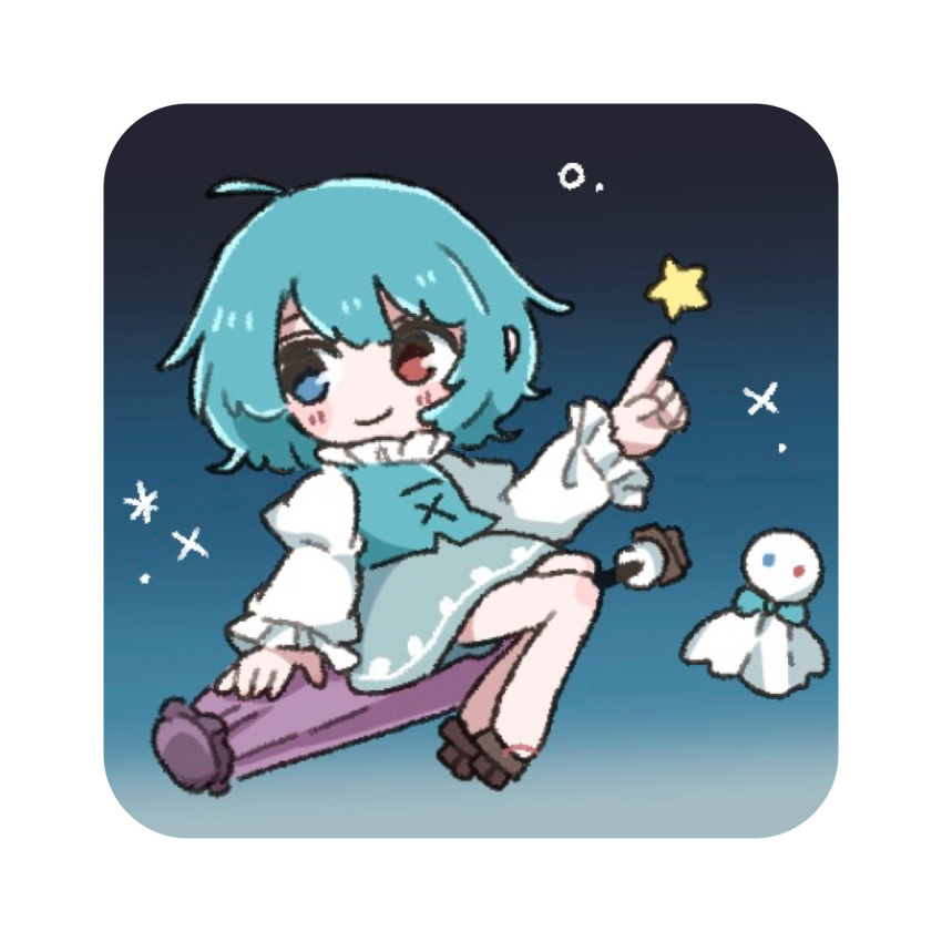 1girl blue_eyes blue_hair blue_vest blush brown_shoes chibi closed_mouth commentary_request full_body geta gradient_sky heterochromia highres juliet_sleeves long_sleeves looking_to_the_side night puffy_sleeves purple_umbrella red_eyes salt_(saltty) shirt shoes short_hair sitting sky smile solo star_(sky) star_(symbol) tatara_kogasa touhou umbrella vest white_shirt
