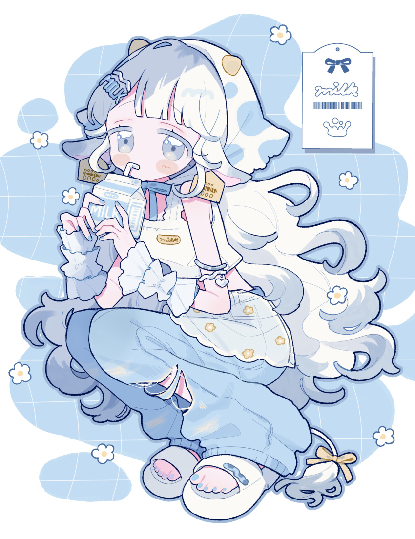 1girl absurdres animal_ears bare_shoulders blue_background blue_nails blue_pants blunt_bangs blush_stickers closed_mouth commentary_request cow_ears cow_girl cow_tail drink_carton drinking drinking_straw frilled_wrist_cuffs frills full_body grey_eyes grid_background highres holding holding_drink_carton holding_milk_carton long_hair milk_carton nail_polish niyu_(nennenkorori3) original pants sandals shirt sleeveless sleeveless_shirt solo squatting tail text_hair_ornament toenail_polish toenails torn_clothes torn_pants white_hair white_sandals white_shirt wrist_cuffs