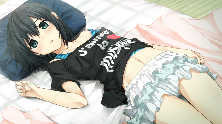 arishima_alice bare_shoulders black_hair blue_eyes blush clothes_writing cura french frilled_skirt frills gathers highres looking_at_viewer lying midriff miniskirt monobeno navel off_shoulder on_back panties pantyshot parted_lips skirt solo thigh_gap thighs translated underwear wallpaper