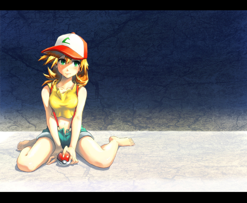 barefoot baseball_cap crop_top green_eyes hat holding holding_poke_ball kasumi_(pokemon) letterboxed midriff navel open_fly orange_hair panties poke_ball pokemon pokemon_(anime) sei_jun seiza short_hair shorts simple_background sitting solo suspenders unbuttoned underwear unzipped wariza
